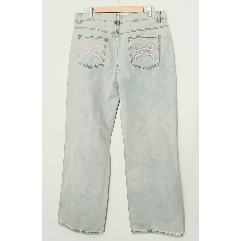 Edikted Jeans Women's Size‎ XL Pink Bow Pocket Low Rise Baggy Light Wash Denim